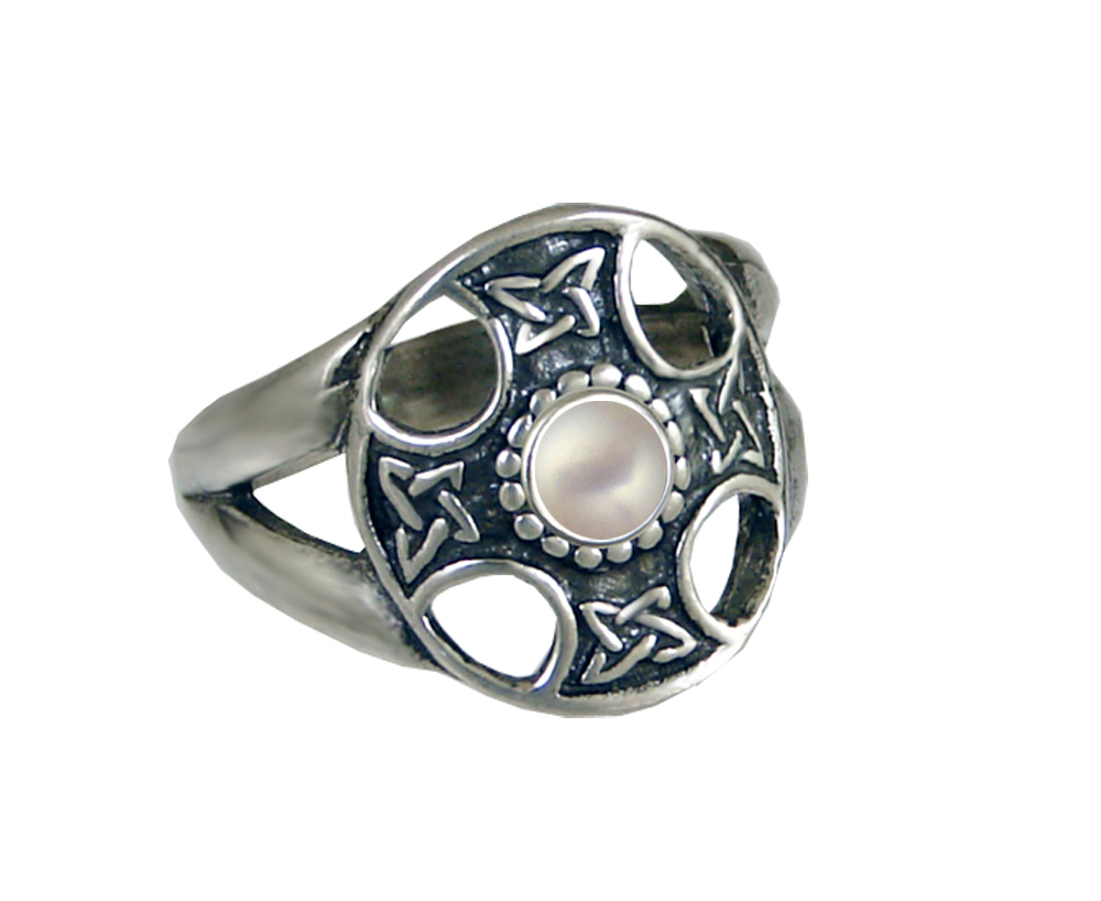 Sterling Silver Celtic Solar Cross Ring With Cultured Freshwater Pearl Size 10